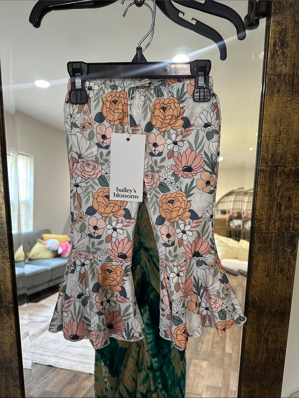 Girls Floral Ruffle Hem Pants - Peach Multi